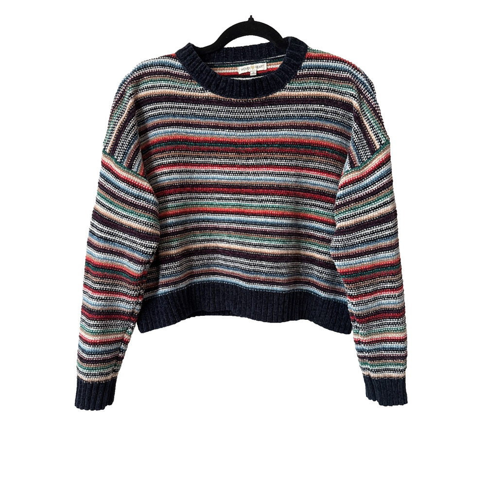Woven Heart Womens S Boho Rainbow Stripe Boxy Cropped Velour Sweater Grunge Y2K